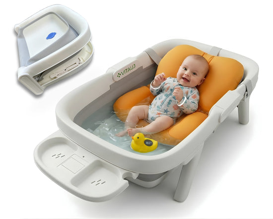 Bañera plegable bebé 0–36 meses con cojín antideslizante y termómetro digital | Compacta y segura | VITAUJ®