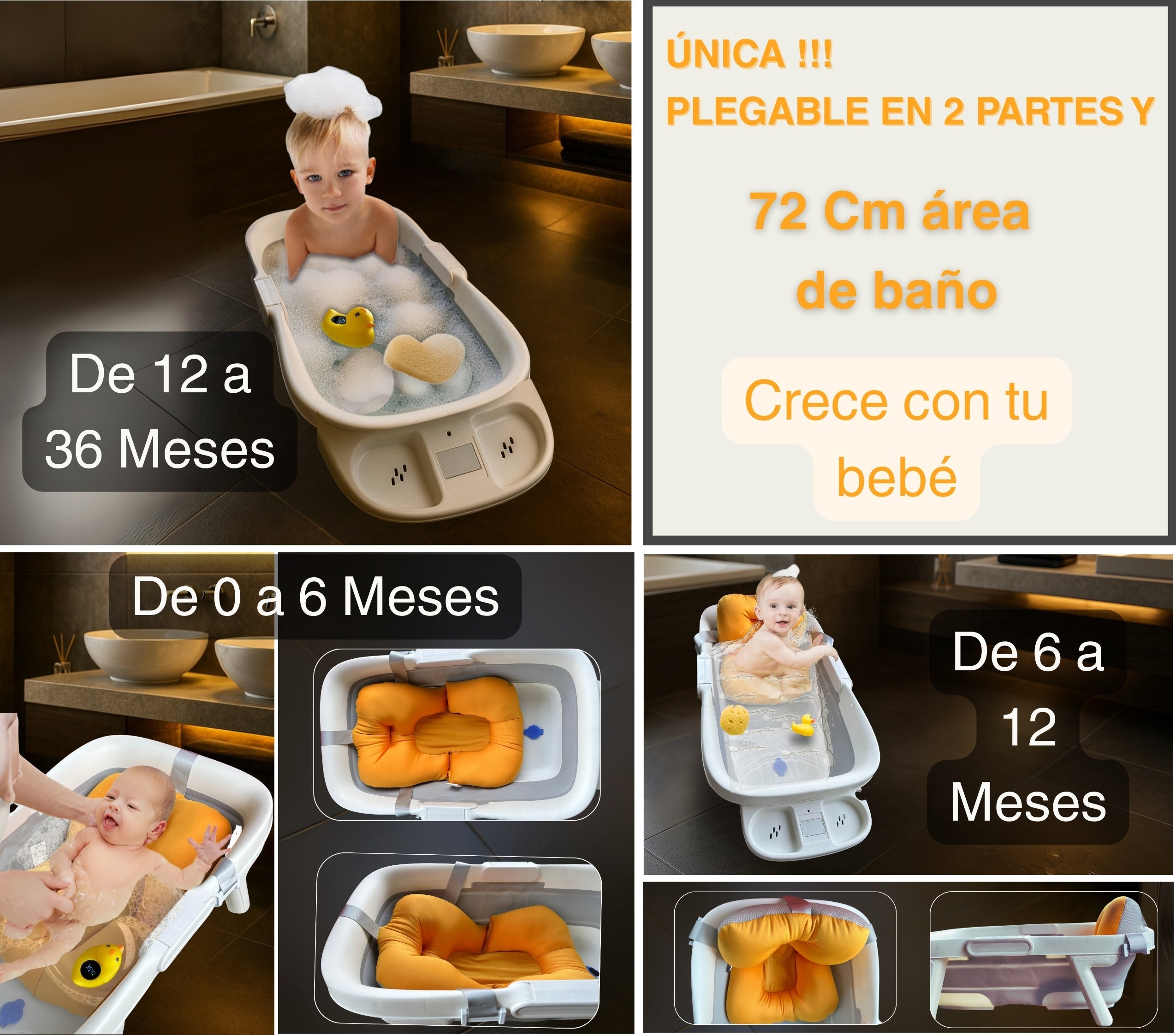 Bañera Plegable para Bebé 0–36 Meses con Cojín Antideslizante y Termómetro Sin Cables | VITAUJ