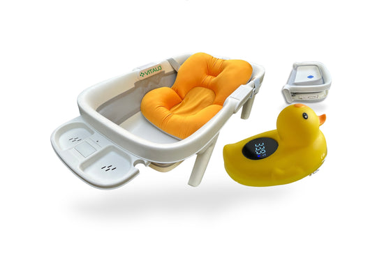 Bañera plegable bebé 0–36 meses con cojín antideslizante y termómetro digital | Compacta y segura | VITAUJ®