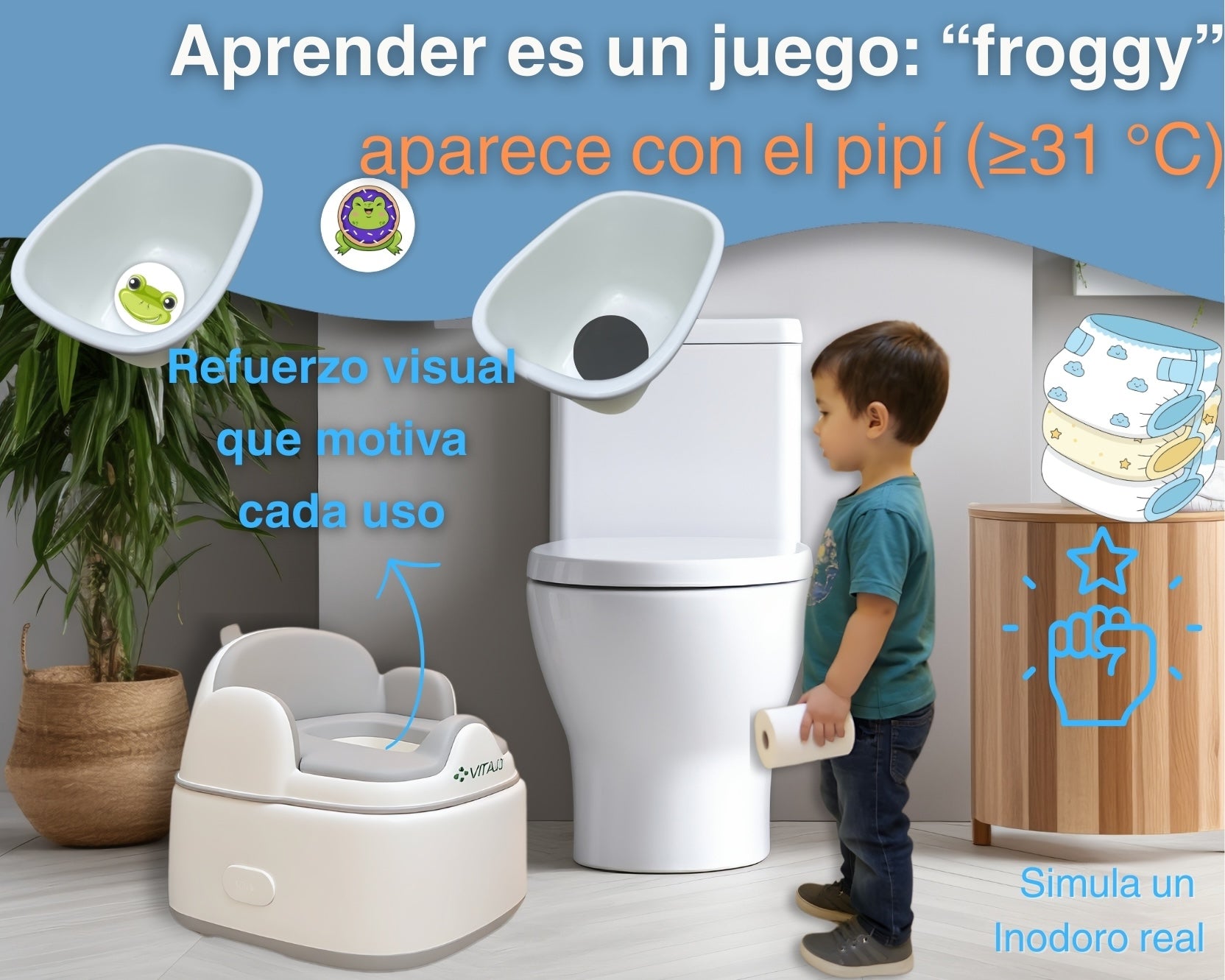 Orinal Bebé 3 en 1 Plegable VITAUJ® | Orinal, Reductor WC y Escalón | 1–6 Años